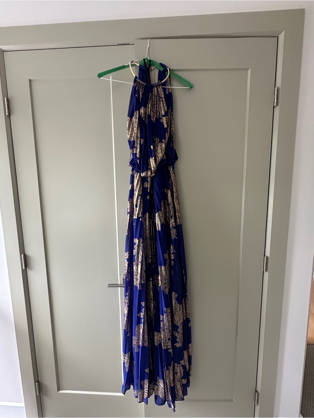 Grecian-style Xscape Royal Blue Halter Maxi with Gold Print